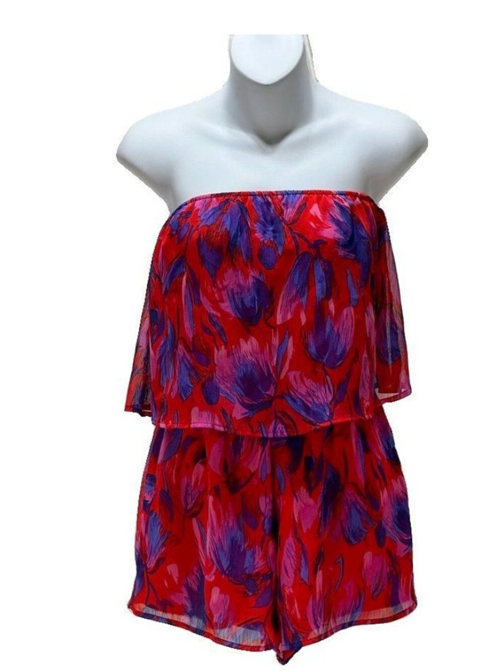Strapless Floral Red & Purple Romper By Honey Punch Small Polyester & Rayon Ligh